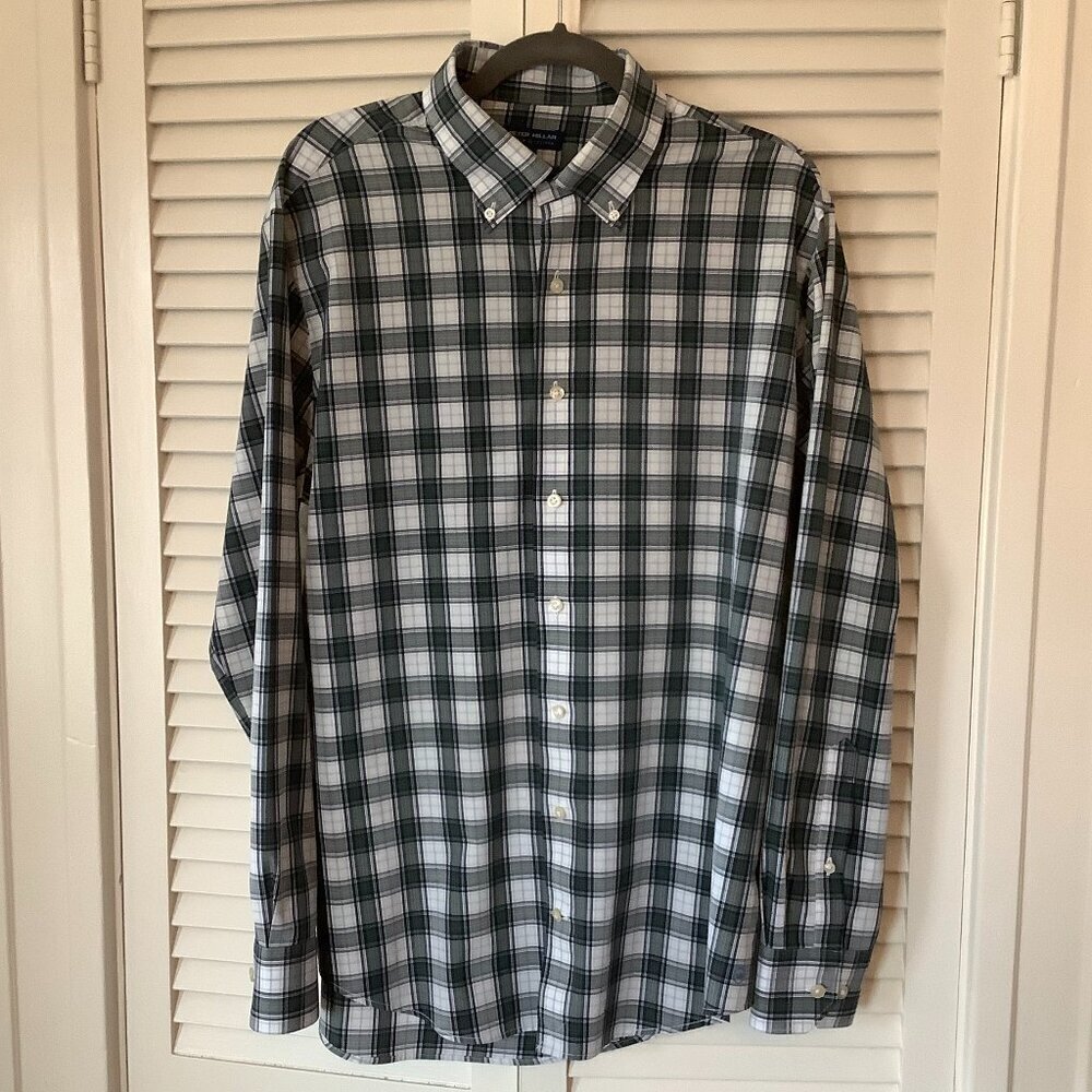 Peter Millar men's buttondown shirt large green plaid white cotton